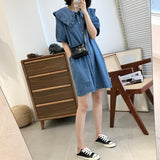 Gwmlk Style Summer Doll Collar Denim Dress Short Sleeves Loose Cute Midi Dress