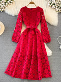 gwmlk Autumn Vintage Women Hollow Out Lace Long Dress Female Elegant Round Neck Puff Sleeve High Waist A-Line Party Maxi Robe