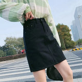 Gwmlk Korean Women's Denim Skirt 2023 Summer High Waist A Line Mini Skirt Female Casual Pocket Solid Simple Jeans Skirt