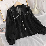 Gwmlk Elegant Lace Blouses Women New 2023 Hollow Out Peter Pan Collar Tops Fashion Office Ladies Long Sleeves Solid Shirt 14562