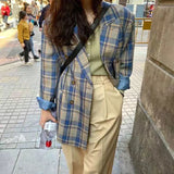 Gwmlk 2023 Women Vintage Plaid Blazer Coat Fashion Double Breasted Female Outerwear Streetwear Loose Lapel Long Sleeve Jacket