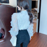 Gwmlk V-neck Long Sleeve Lace Blouse Women Tops Tassel White Shirts Blusas Hollow Out Lace Flowers Ladies Blouses Shirts 16095