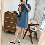 Gwmlk Style Summer Doll Collar Denim Dress Short Sleeves Loose Cute Midi Dress