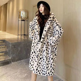 Gwmlk Leopard Fur Winter Long Coat Women Thick Warm Faux Rabbit Fur Outerwear Female Streetwear Loose Fuzzy Hooded Overcoat