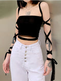 gwmlk Mesh Lace Up Bandage Crop Top Fairy Grunge Aesthetic Clothes Cyber Y2k Mall Goth Tanks Sexy Clothing