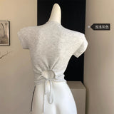 Gwmlk style Knitted Women Summer Tshirts Short Sleeve O-neck Tees Crop Tops Hollow Out Sexy T-Shirt Drawstring Tunic T-shirt