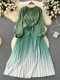 gwmlk Draped Long Dress Women Elegant V-Neck Puff Sleeve High Waist Pleated A-Line Party Vestidos Female Spring Fall