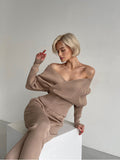 gwmlk New Sexy Off Shoulder Knitted Two Piece Set Women Long Sleeve Sport Tracksuit 2 Piece Sweater Pants Suits Matching Sets