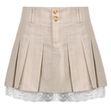 Gwmlk Summer Lace Trim Pleated Skirts Women Preppy Style Khaki High Waist Skirt Girl Teens Harajuku School Uniform Mini Skirt