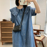 Gwmlk Style Summer Doll Collar Denim Dress Short Sleeves Loose Cute Midi Dress