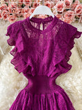 gwmlk Purple/Green/Red Lace Midi Dress Women Sweet Round Neck Ruffle Vestidos Female High Waist Slim Robe Spring Autumn 2023