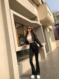 gwmlk Women Shark Flared Pants Black Elastic Slim High Waist Sexy Horseshoe Pants Micro Casual Fashion Flare Trousers