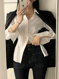 gwmlk Y2K Button Crop Top Ruched Full Sleeve T Shirt Turn Down Collar Retro Elegant Cardigans Women Corset Tee Korean New