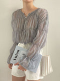 Gwmlk Fashion Pleated Casual Blouse Women Summer New Loose Folds Perspective Chiffon Shirt Long Sleeve Tops Blusas Mujer 15624