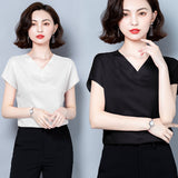 Gwmlk Blouses for Women Fashion Satin Casual T-shirt Solid V-neck Womens Tops Silk Elegant Short Sleeve Blouse Women Clothing