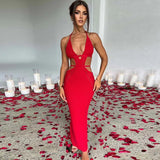 gwmlk New Sexy Y2K Clothes Knitted Hollow Out Sleeveless Backless Lace Up Halter Bodycon Maxi Dress For Women Birthday Party Club