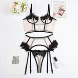 Gwmlk Lingerie Sexy Thong Panties Female Underwear Sets Patchwork Lace 3-Piece Transparent Bra Erotic Costumes Nude Outfits