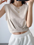 gwmlk Arrival Spring Summer Solid Colour Casual Loose Short O-Neck Tank Tops Sports Vest Folds Top