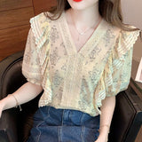 Gwmlk Floral Print Summer Ruffled Blouse Women V-neck Korean Fashion Lace Shirt Loose Casual Short Sleeve Tops Blusas 26992