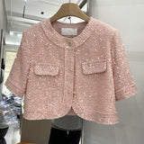 Gwmlk High Quality Korean Tweed Paillette Short Sleeve Jacket Coat Women Korean Fashion Sequin Short Outerwear Top