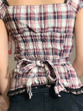 gwmlk y2k Frill Crop Top Square Collar Short Sleeve T Shirt Striped Plaid Button Lace Up Cute Tee Women Vintage Koean Summer