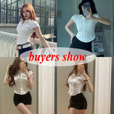 Gwmlk Uniform Short Sleeve Shirts Women Korean Turndown Collar Pockets White T-Shirt Slim Fit Single-Breasted OL Woman Clothes