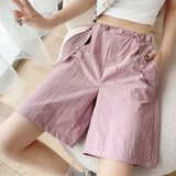 Gwmlk Summer Thin Cargo Shorts Female Vintage High Wiast Drawstring Wide Leg Shorts Women Casual Loose Knee-Length Pants Lady