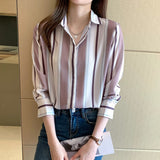 Gwmlk Woman Blouses 2023 Striped Shirts Long Sleeve Womens Tops Button Up Shirt Polo Neck Female Clothing Basic OL Ladies Tops