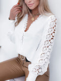 Gwmlk V-neck Long Lace Sleeve White Blouse Women Autumn 2023 Hollow Out Stitching Elegant Tops Vintage Lady Shirt Blusas 23338