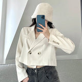 Gwmlk Women's Cropped Blazers Coat Vintage Black Notched Collar Office Lady Suit Jacket Korean Casual Long Sleeve Blazer