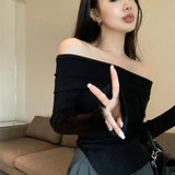 Gwmlk Korean Chic Irregular Sweater Pullover Women Elegant Slash Neck Knit Jumpers Female Sexy Off Shoulder Ribbed Pullovers