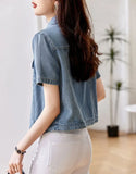 Gwmlk Denim Jackets for Women Summer Fashion All-Match Short Sleeve Jacket Female Korean Turndown Collar Buttons Jean Coat