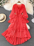 gwmlk Autumn New Holiday Style Ankle Length Long Dresses Women Sexy V Neck Puff Sleeve Lace Elegant Evening Party Summer Dress