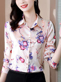 Gwmlk Women's Shirt Long Sleeve Blouse Fashion 2023 Spring New Womens Tops Basic Floral Shirts for Women OL Satin Female Clothing