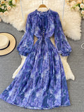 gwmlk Women Printed Long Dress Vintage Ruffle Stand Collar Puff Sleeve High Waist Elegant Maxi Robe Female Big Swing Vestidos