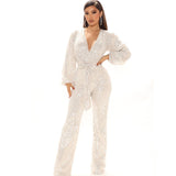 Gwmlk Women Sexy V Neck Sequins Long Sleeve Casual Belt Overalls Female High Waist Playsuit Elegant Ladies Party Club Romper