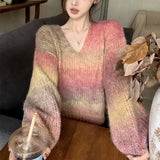 Gwmlk Sweet Gradient Color V-Neck Sweaters Woman Winter Thick Soft Knitted Sweater Women Retro Loose Long Sleeve Knitwear Top