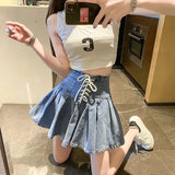 Gwmlk Lace Up High Waist A-Line Women Skirts Y2K Anti-Glare Denim Pleated Skirt Ladies All-Match College Style Mini Skirt Girl