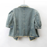 Gwmlk Short Sleeve Denim Jacket Women Vintage Tassel Summer Cropped Jeans Coats Female Cropped Turndown Collar Button Outwear