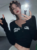 gwmlk Graffiti Print Elastic T Shirt Women Sexy Slim Crop Top Ribbed Long Sleeve O-neck Tops Grunge Tee Tops Korean