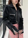 Gwmlk Cropped Leather Jacket Women Streetwear Moto Biker Zipper Leather Jacket Punk Winter Irregular Faux Fur Aviator Coat New