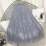 Gwmlk Fashion Sequined Pleated Skirts Women Spring Summer Tulle A-line Long Skirt Female Elegant Chic High Waist Midi Skirts