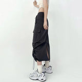 Gwmlk Y2K Streetwear Parachute Cargo Skirts Women Fashion Ruched Drawstring Long Skirt Woman High Waist Big Pocket Maxi Skirt