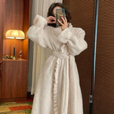 Gwmlk Autumn Winter Flannel Nightgown Women Mid-Length Fashion Coral Fleece Retro Pajamas Home Clothes