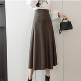 Gwmlk Autumn Winter Women's Skirts Pu Leather Half-length Skirthigh-waist Mid-length A-line Skirt Elegant Splicing Women Clothing