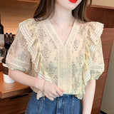 Gwmlk Floral Print Summer Ruffled Blouse Women V-neck Korean Fashion Lace Shirt Loose Casual Short Sleeve Tops Blusas 26992