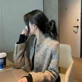 Gwmlk Vintage Stand-Up Collar Tweed Jacket Woman Korean Single-Breasted Jackets for Women Autumn Winter Long Sleeve Outwear