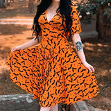 Gwmlk Orange Deep V-neck Fairy Grunge Dress Women Mall Gothic Aesthetics Elegant Bat Pattern Split Sexy Dress