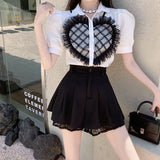 Gwmlk Black Lace Patchwork Shorts Women Korean High Wiast A-Line Pleated Skirt Pants Woman Street Trend All-Match Suit Shorts