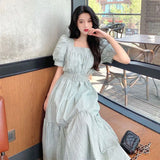 Gwmlk Korean Style High Waist Plaid Dress Women French Vintage Streetwear Puff Sleeve Maxi Dress Female Elegant Party Dreses